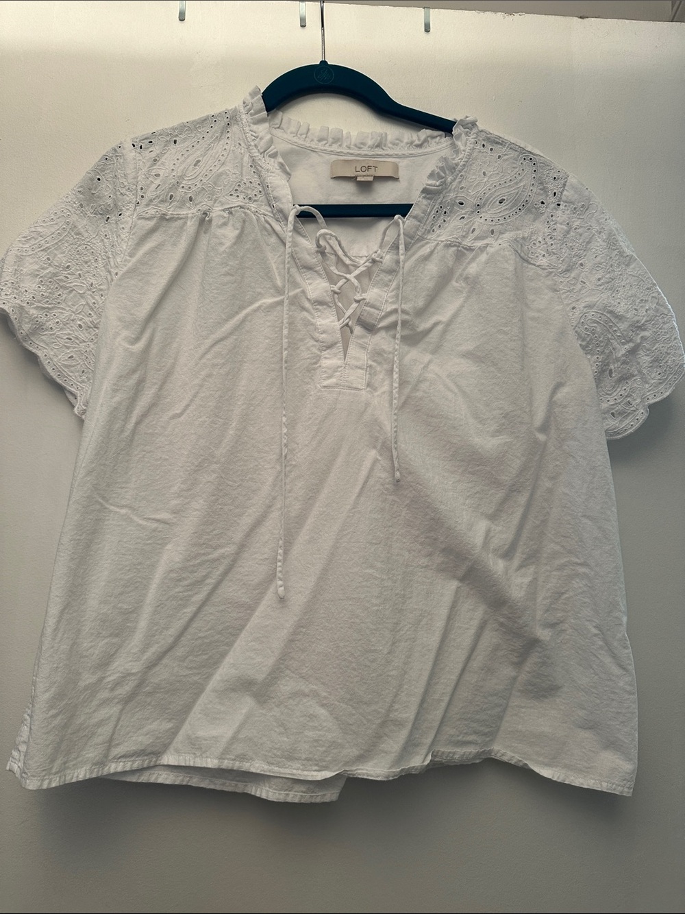 LOFT Large White Eyelet Lace-Up Short Sleeve Top